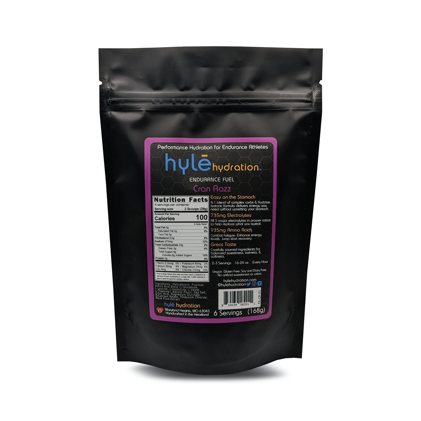 30 serving bag of Hyle Hydration Endurance Fuel cran razz flavor. Hyle Hydration Endurance Fuel is a powdered sports drink mix with carbohydrates, electrolytes, and amino acids.