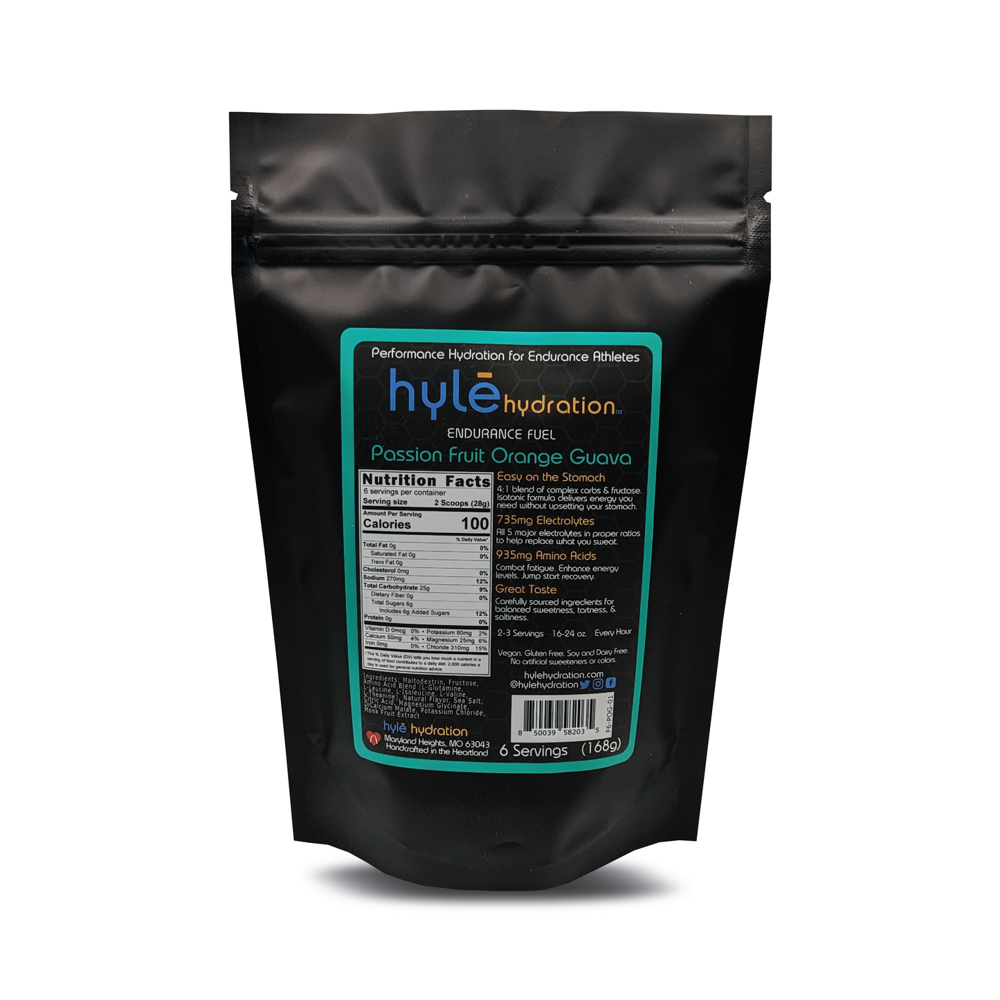 6 serving bag of Hyle Hydration Passion Fruit Orange Guava flavor. Hyle Hydration Endurance Fuel is a powdered sports drink mix with carbohydrates, electrolytes, and amino acids.