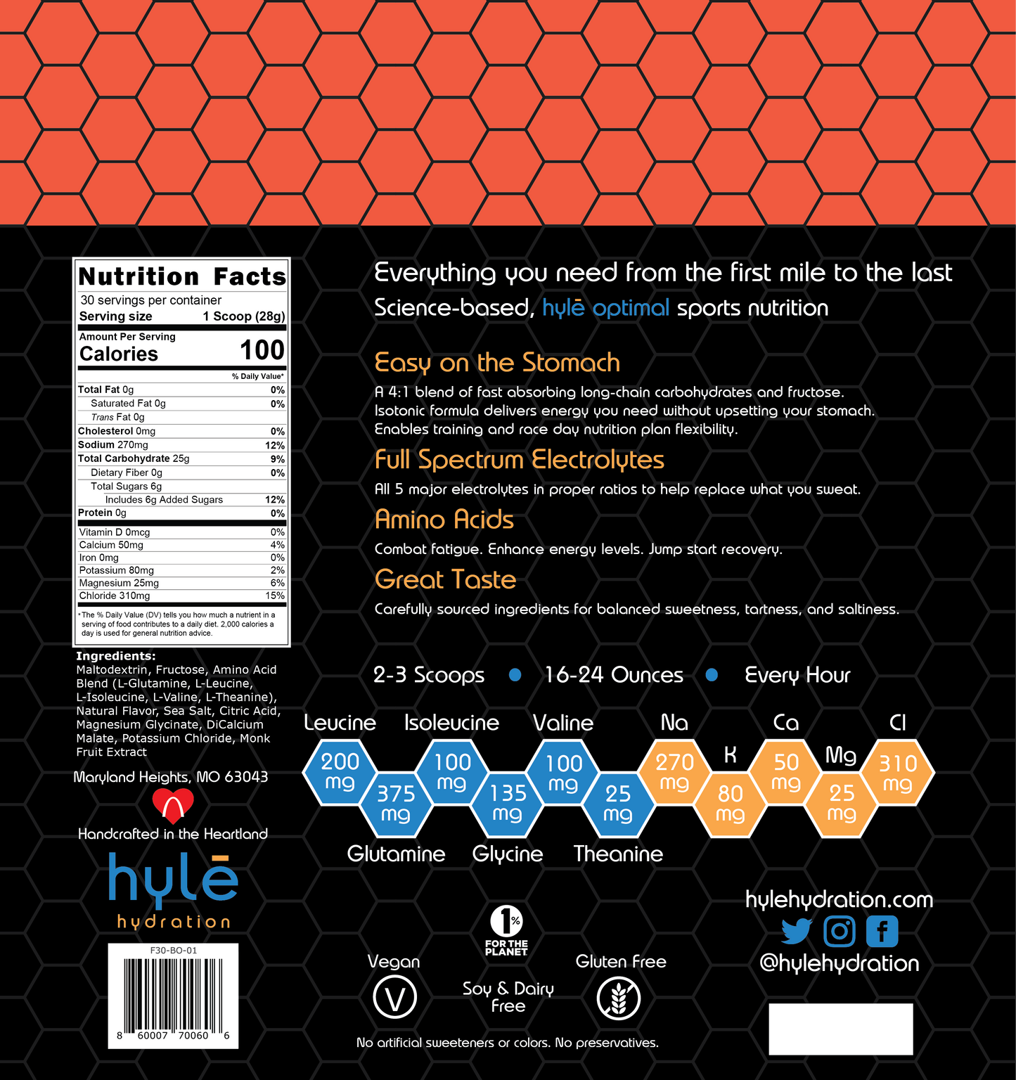 Back packaging for Hyle Hydration Endurance Fuel, describing product benefits. . Hyle Hydration Endurance Fuel is a powdered sports drink mix with carbohydrates, electrolytes, and amino acids.