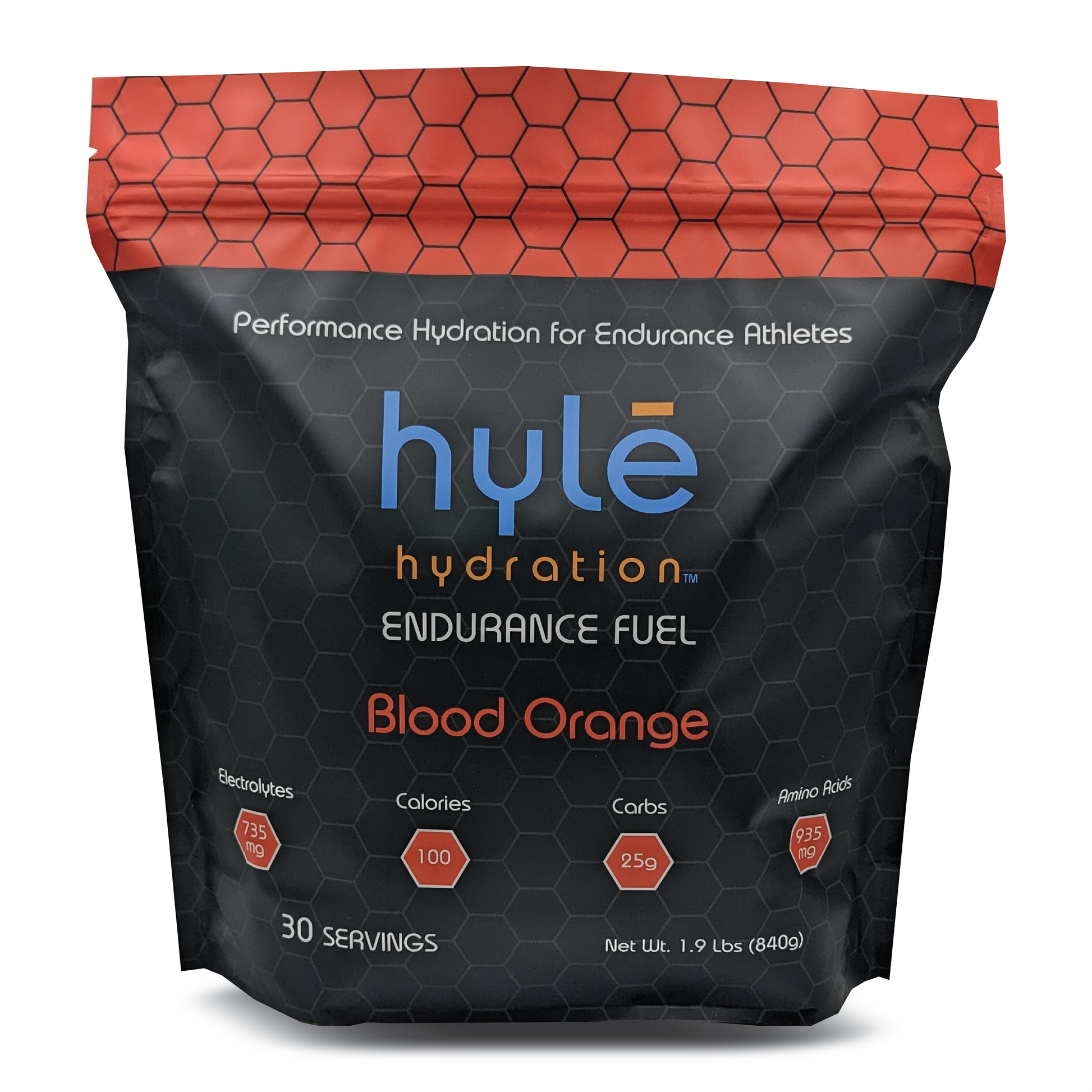 30 serving bag of Hyle Hydration Endurance Fuel Blood Orange Flavor. Hyle Hydration Endurance Fuel is a powdered sports drink mix with carbohydrates, electrolytes, and amino acids.