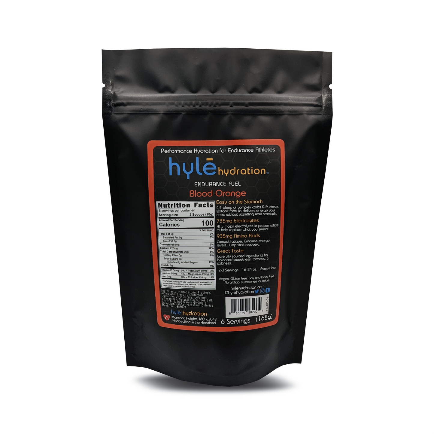 Hyle Hydration Endurance Fuel 6 serving bag Blood Orange flavor. Hyle Hydration Endurance Fuel is a powdered sports drink mix with carbohydrates, electrolytes, and amino acids.