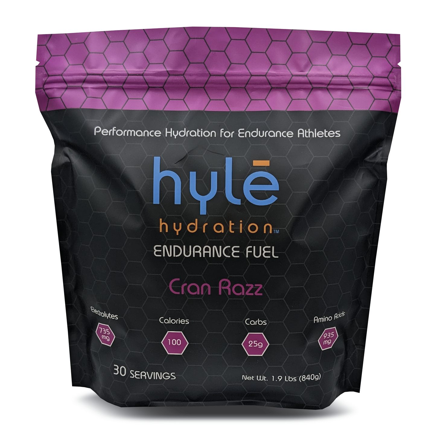 Hyle Hydration Endurance Fuel Cran Razz 30 serving bag. Hyle Hydration Endurance Fuel is a powdered sports drink mix with carbohydrates, electrolytes, and amino acids.