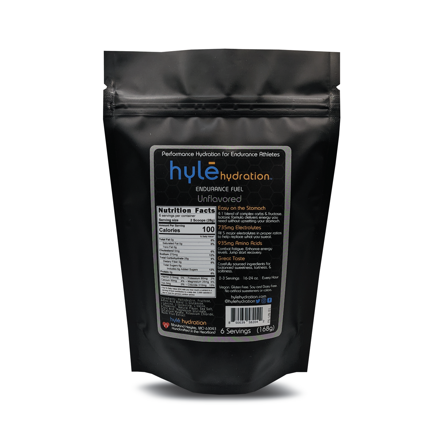 6 serving bag of hyle hydration endurance fuel unflavored. Hyle Hydration Endurance Fuel is a powdered sports drink mix with carbohydrates, electrolytes, and amino acids.