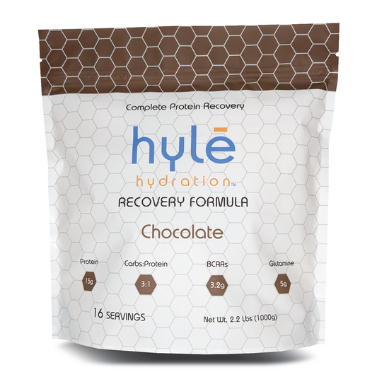 Hyle Hydration Recovery Formula 16 serving bag, front view. Hyle Hydration Recovery Formula is a complete protein recovery mix including BCAAs and Glutamine to repair and protect muscles during and after exercise.